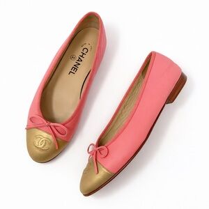 Chanel CC Cap Toe Ballet Flats Pink Gold Leather Bow Womens Size EU 37.5